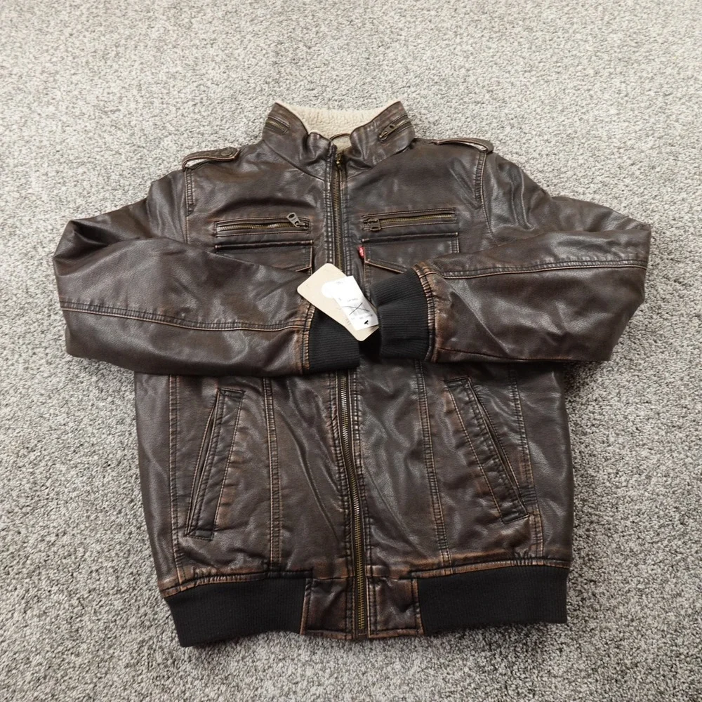 NEW Levis Jacket Mens S Brown Sherpa Lined‎ Faux Leather Trucker Bomber Coat Zip